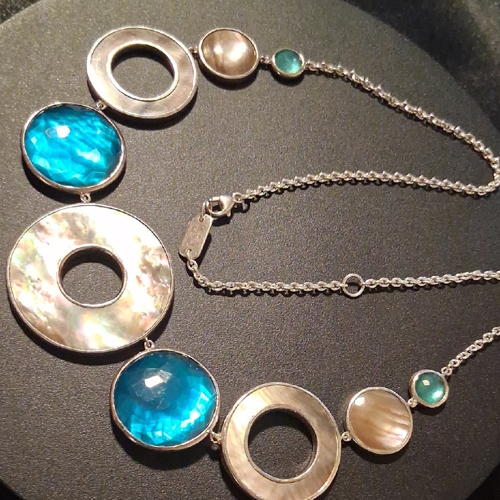 Ippolita Wonderland 9 Stone MOP & Blue Stone Set In 925 Silver Necklace.